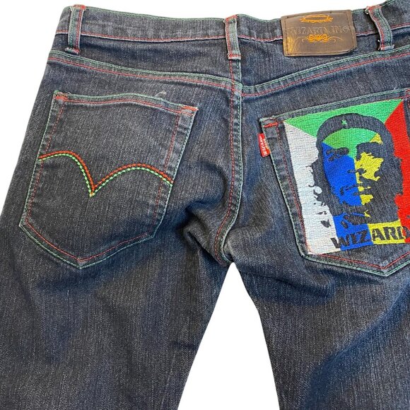 Wizard Inc Mens Jeans 32x29 Dark Wash Denim With Embroidered Graphic Back Pocket - Picture 1 of 16